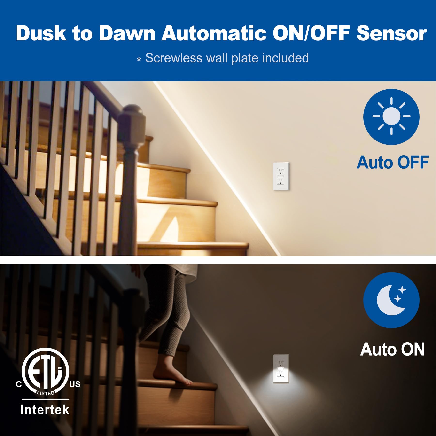 CML Outlet with Night Light, 15 Amp Decorator Receptacle with LED Guide Lights and Dusk to Dawn On/Off Sensor, Tamper Resistant Electrical Outlets w/Screwless Wall Plate, ETL Listed, 5 Pack, White