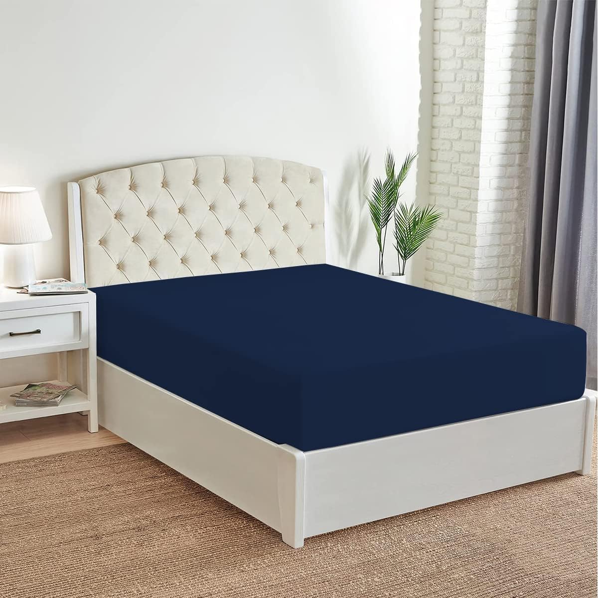Deep Fitted Sheet 25cm - Plain Dyed Non Iron Polycotton Fitted Bed Sheet Mattress Cover - Elasticated Deep Pocket (Double, Navy Blue)
