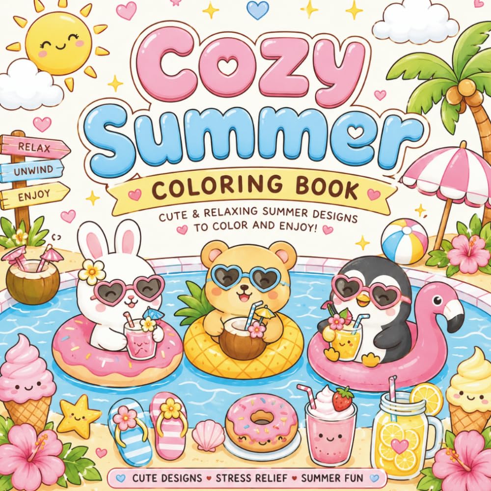 Cozy Summer Vibes Bold & Easy Coloring Book for Adults and Teens: Cute Beach, Vacation and Tropical Designs for Relaxation and Stress Relief