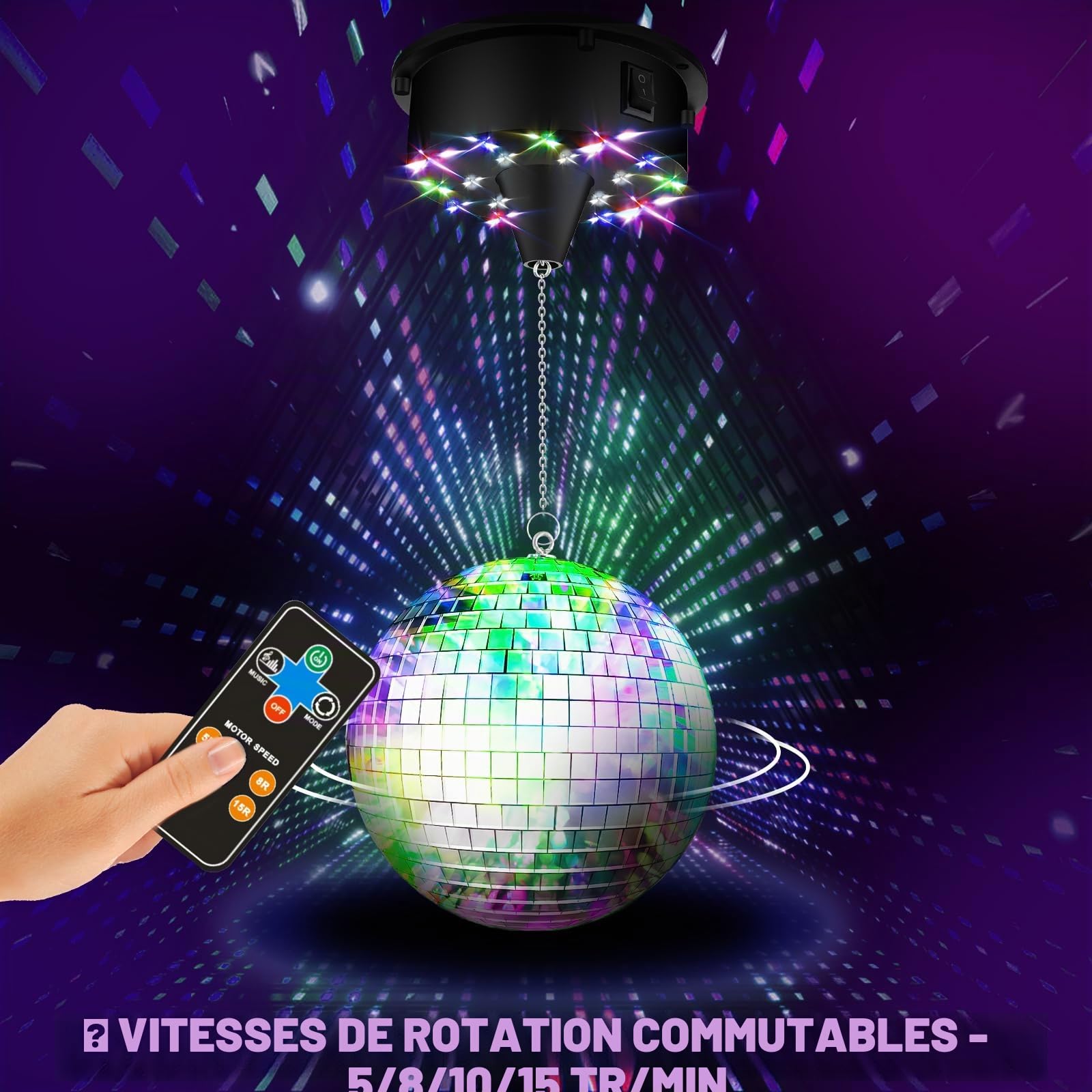 Moteur de rotation de boule à facettes Amélioré Moteur pour boule à facettes réglable 5/8/10/15 tr/min, Supporte la suspension de boules à facettes de 15-38 cm Peut être utilisé pour créer un