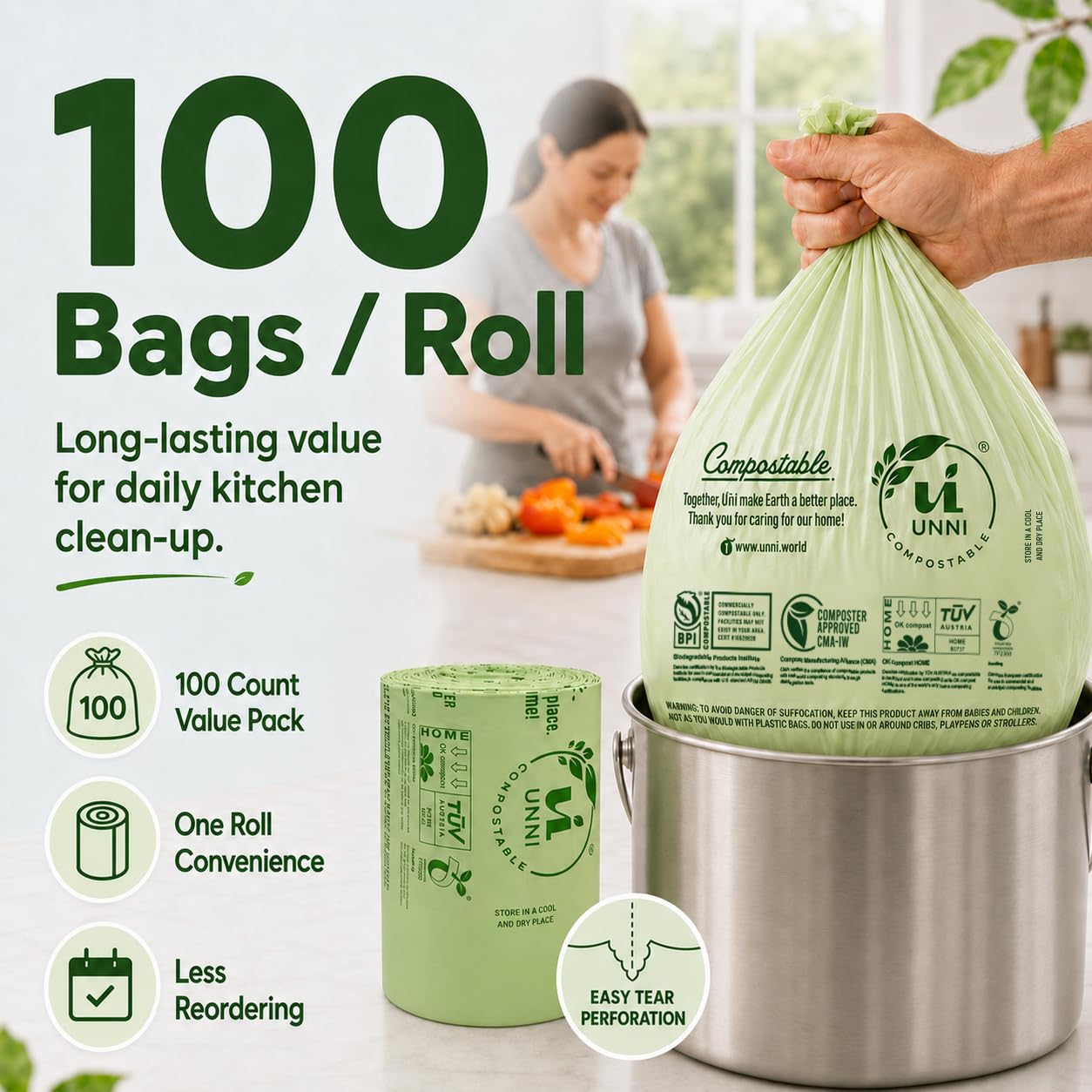 UNNI ASTM D6400 100% compostables Bolsas de Basura, 4 galones, 15 litros, 100 Unidades, Extra Gruesa de 0,75 milésimas de Pulgada, los Estados Unidos y Europa BPI Ok Compost Home Certificados