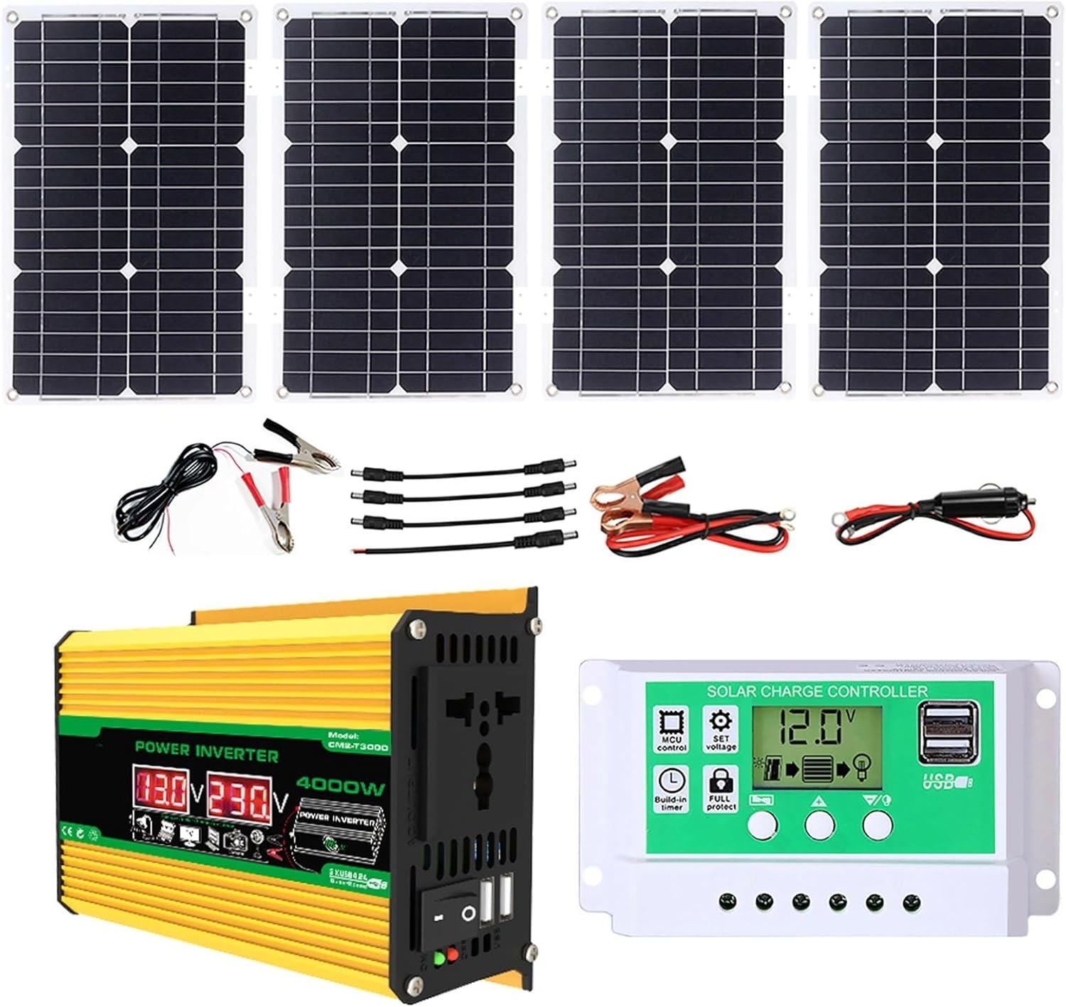 Complete 4000W Solar Inverter Kit - 100W Solar Panels, 50A MPPT Controller - Off-Grid Power System for Home Backup, RV, Emergency Use (Yellow, 12V-110V)