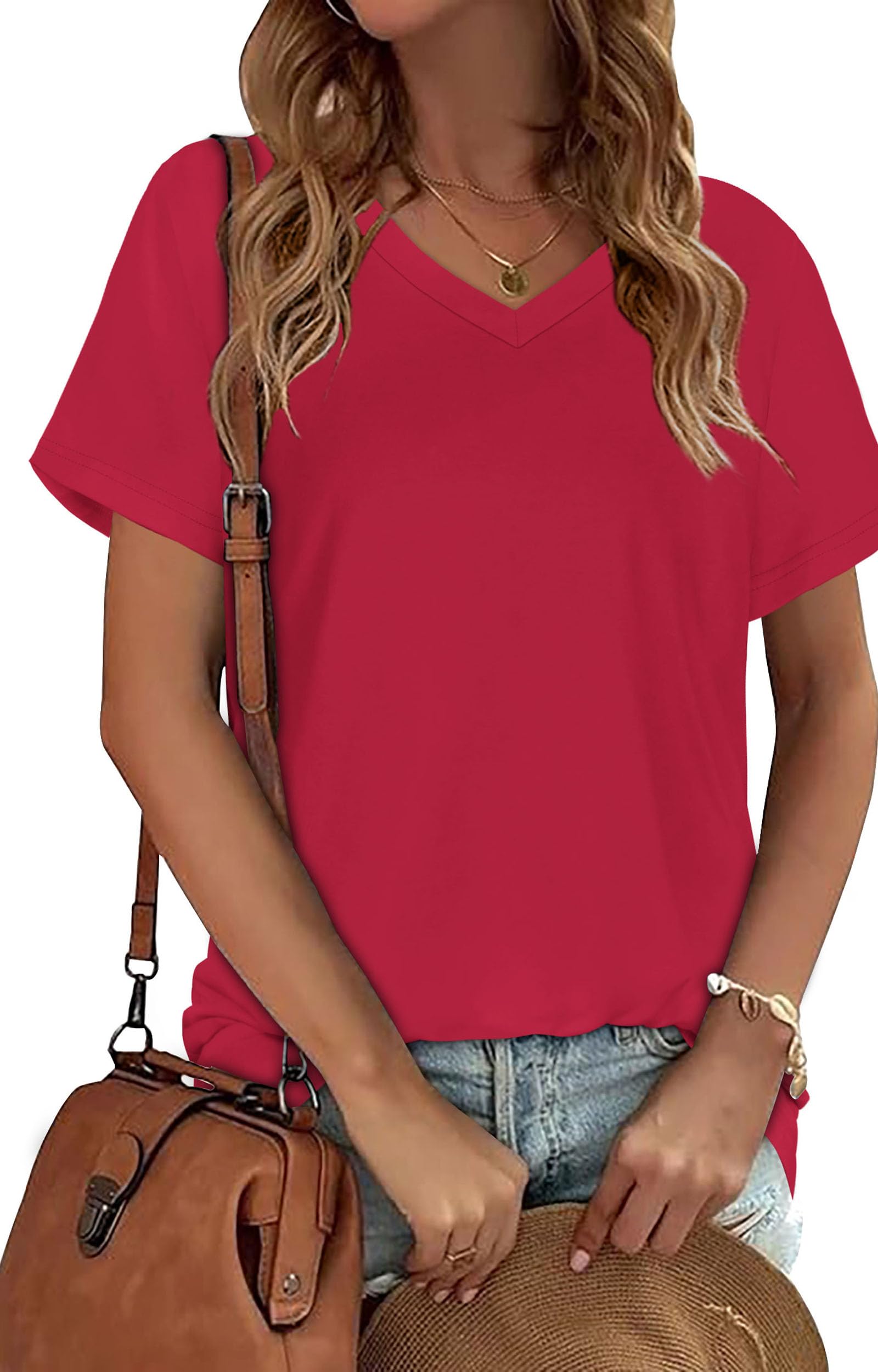 CHICALLURE Womens Short Sleeve V Neck Tops Casual Basic T Shirts Summer Slim Fit Tunic Tees