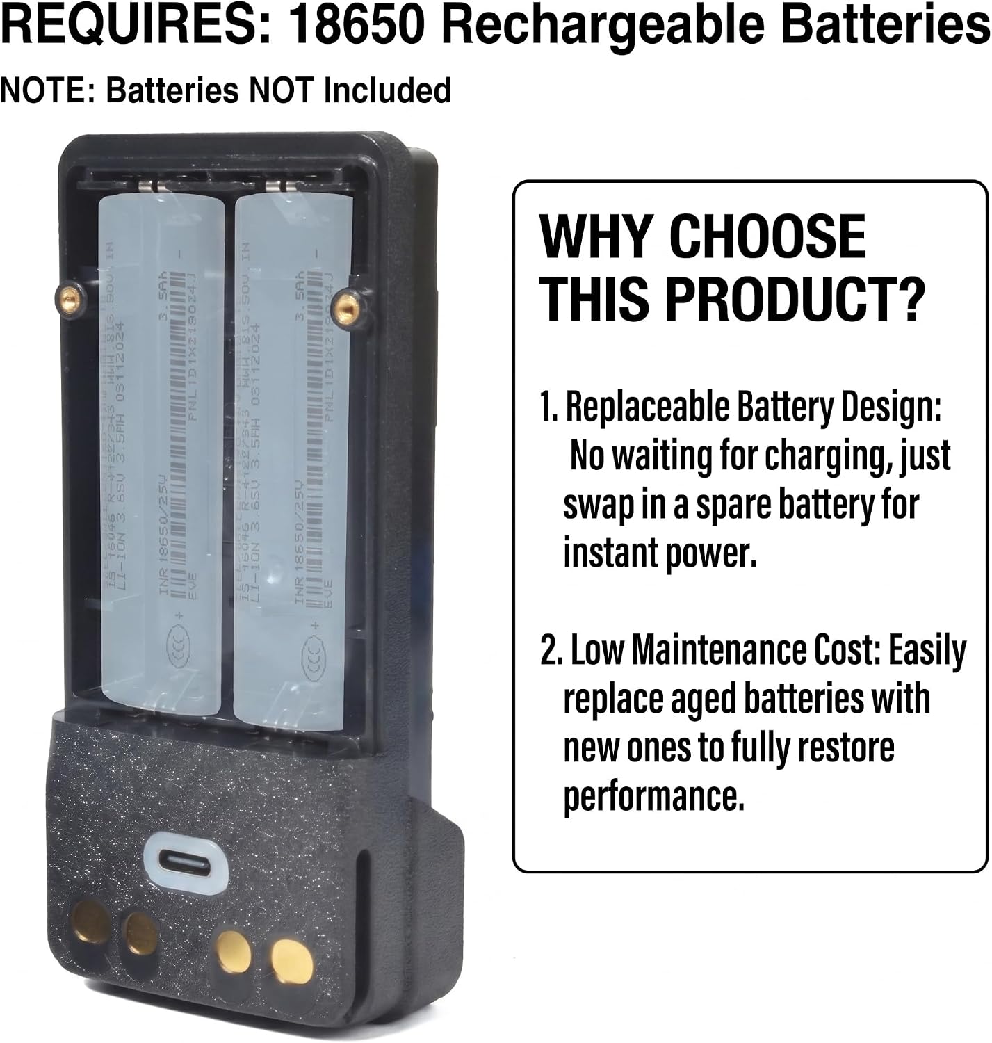 18650 Battery Case with USB-C Charging for Motorola XPR7550 DP4400 APX4000, Empty Shell Housing Replacement for PMNN4409AR PMNN4491, Dual Charge Two-Way Radio Pack (No Cells Included)