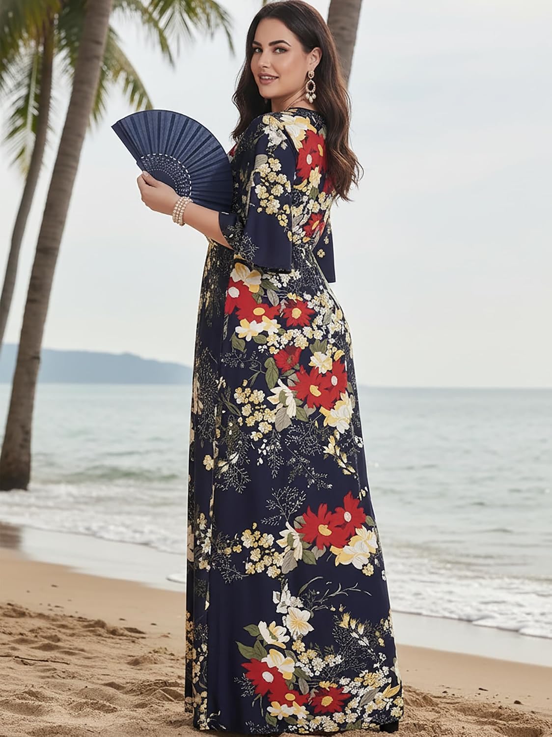 KOH KOH Womens Long 3/4 Kimono Sleeve V Neck Boho Print Flowy Maxi Dress