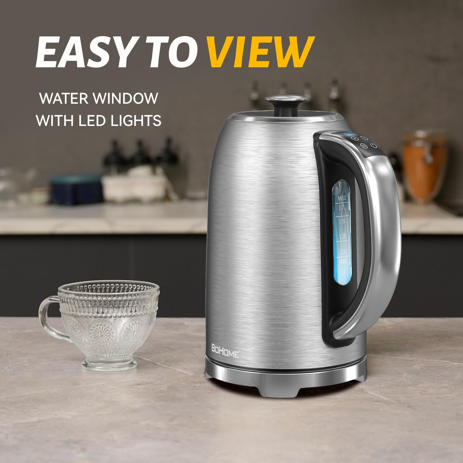 BOHOME Electric Kettle, 1.7L/1500W, Stainless Steel, Digital Touch Panel, Keep Warm Function, Auto Shutoff, BPA-Free, Hot Water Kettle for Coffee & Tea, No Plastic Contact with Water