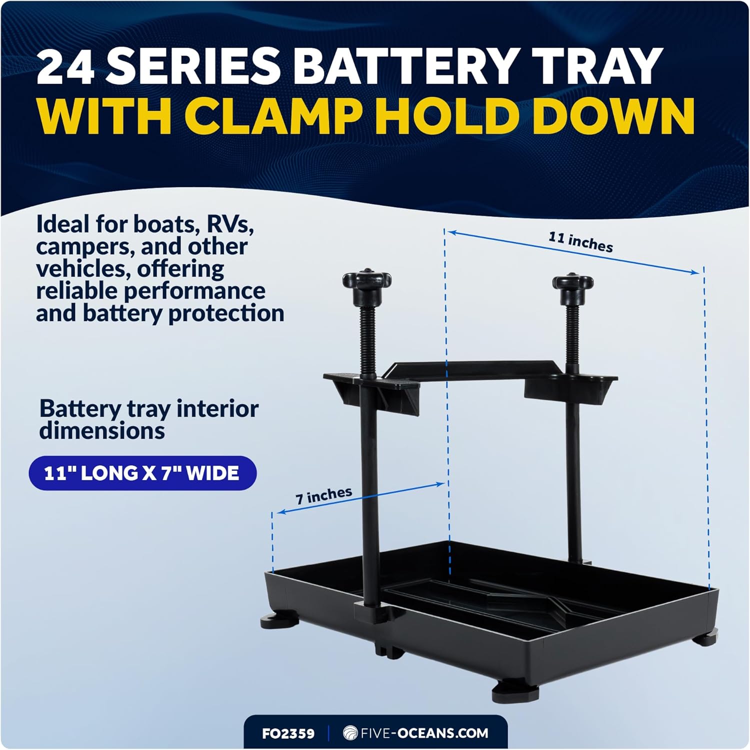 Five Oceans Marine Battery Tray for Boat, Group 24, Black, 11" x 7" - Boat Battery Holder with Clamp for Boat, Fishing Boat, Yatch, Trailer, RV - FO-2359