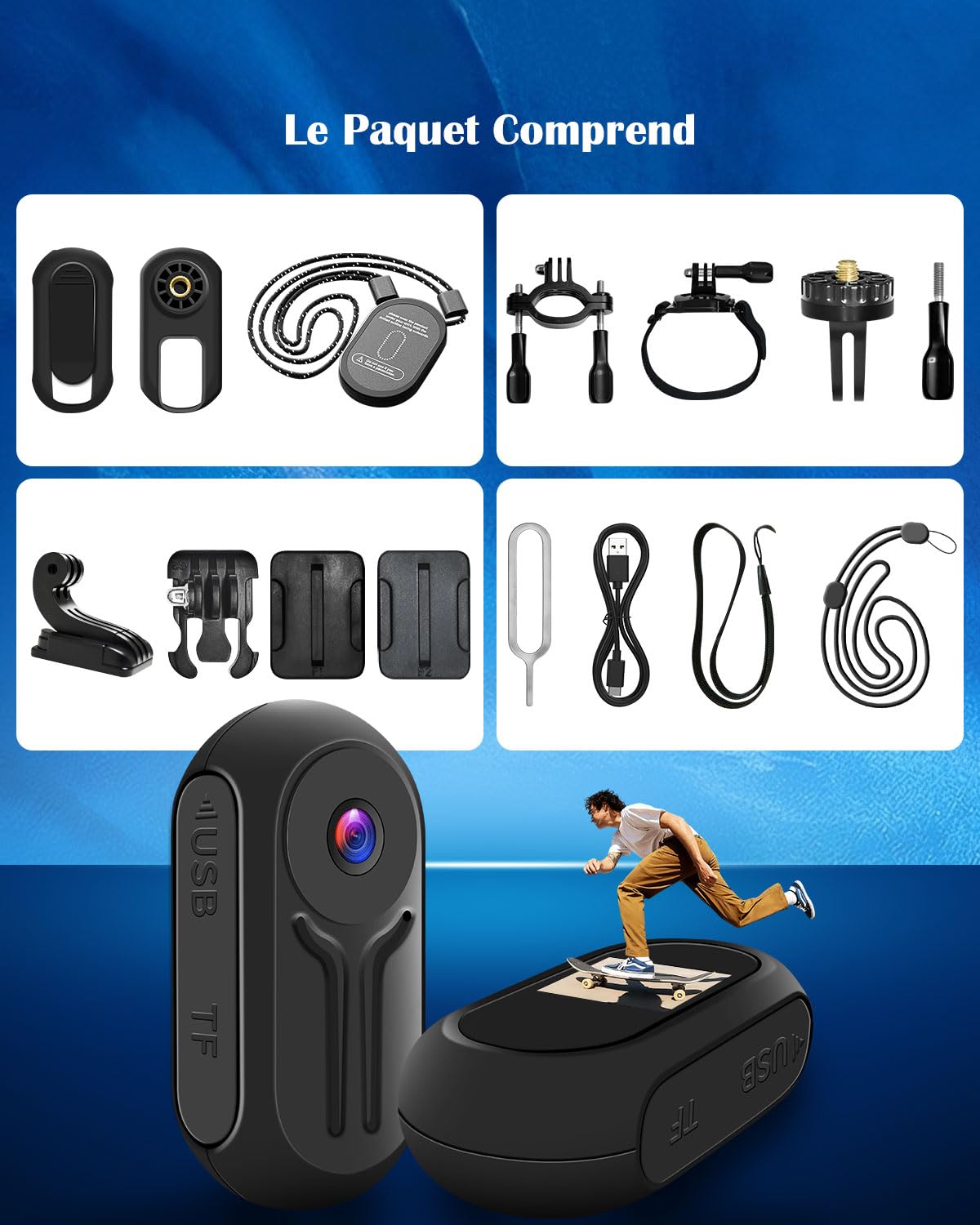 Mini Caméra Sport, 120° Action Cam 1080P HD, Micro Caméra d'action avec Écran Camera Corporelle Vlog avec Vision Nocturne Caméra de Casque Moto Multifonction Accessoires pour Moto, Vélo