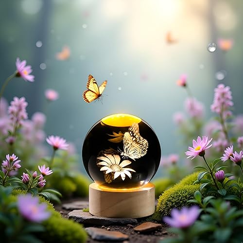Miniatura 6 de 3D Butterfly Flower Crystal Ball with Wooden Light Base Glass Butterfly Figurine Gifts for Women Mom Butterfly Statue Home Decor on Mother's Day