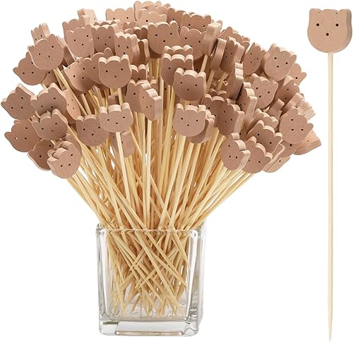 200 palillos de cóctel de bambú de 4.7 pulgadas, palillos de cóctel de cara de oso, palillos de alimentos, palillos decorativos para aperitivos,