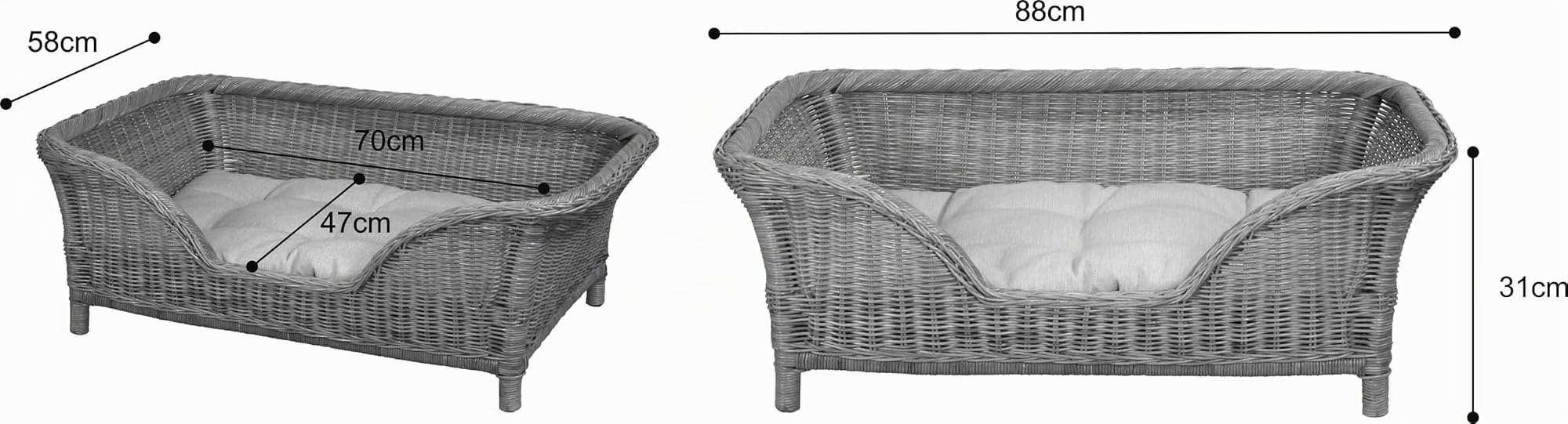 Großer Rattan Hundekorb geflochten Hundebett Rattan Korb Hund Hundecouch hoch mit Kissen (Honig)