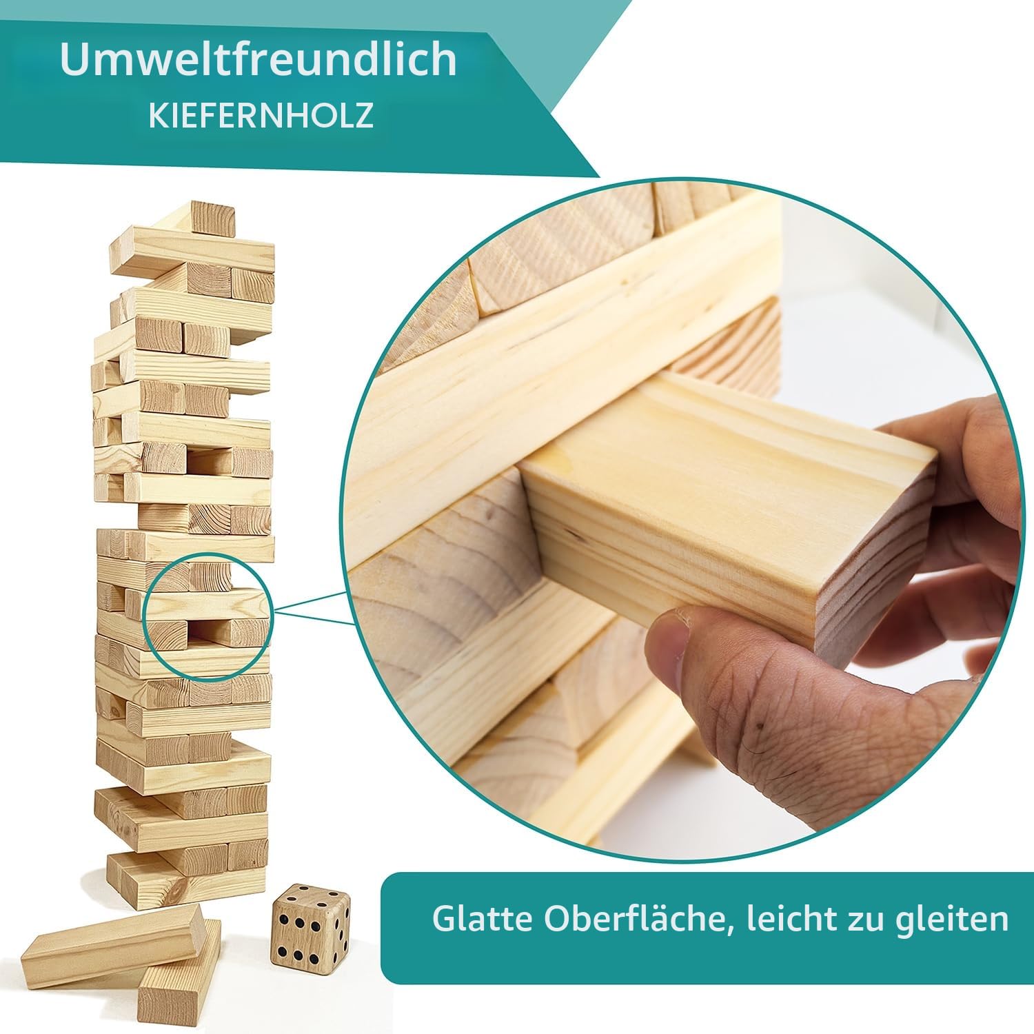 Jumbo Holz Trommelturm Spiel mit Würfel und Tragetasche, 54 Teile, Bausteine 60-150cm