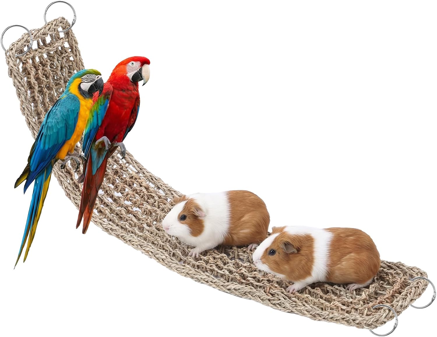 39 x 7.5 Inches Seagrass Mat Natural Woven Net Bird Hammock with Hooks Climbing Rope Ladder Chew Toy Cage Accessories for Parrots Cockatiels Hamsters Rats Guinea Pigs Bearded Dragons
