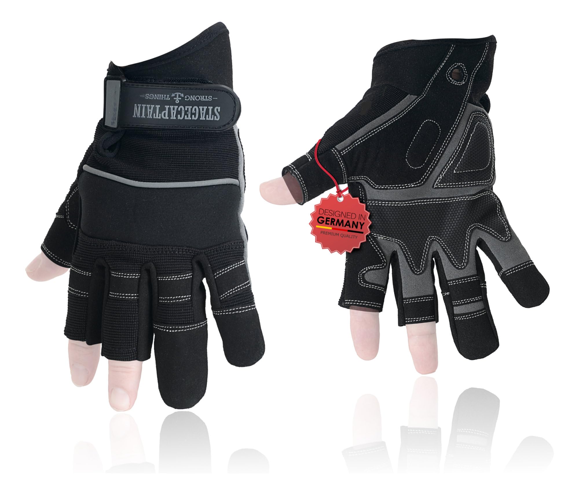Stagecaptain RGL-2F Gants Rigger Taille M Lot de 3, Gants de Travail | Avec 3 doigts courts, En cuir synthétique souple, Paume renforcée antidérapante, Couleur: Noir/Gris, Paume renforcée