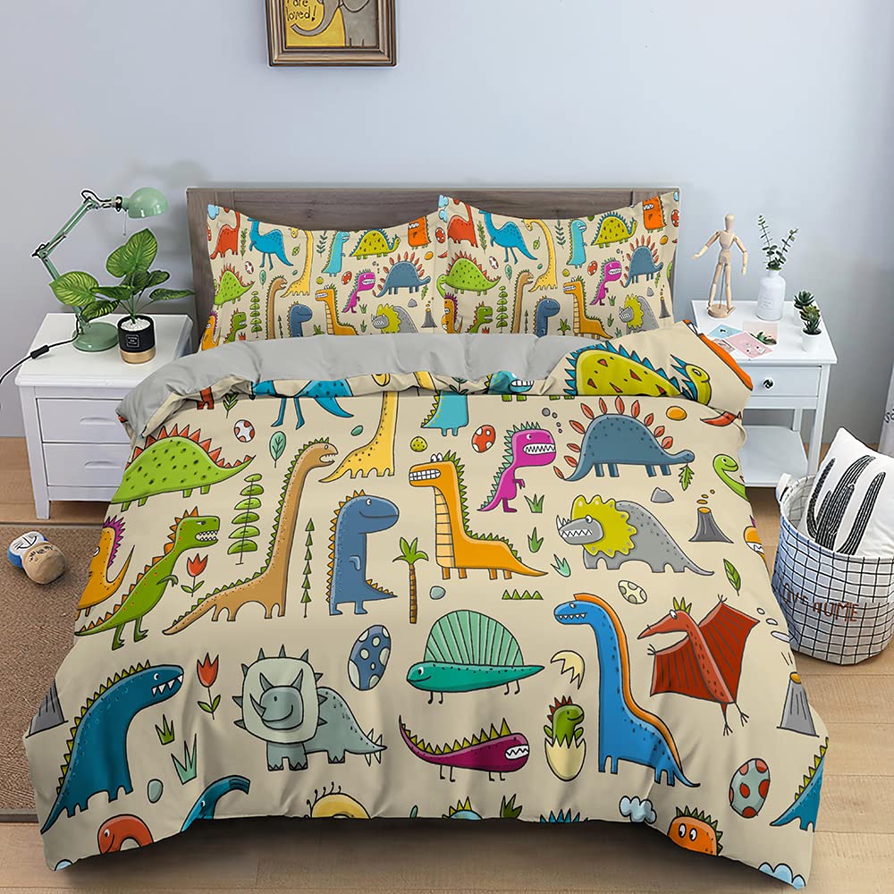 Parure de lit 240 x 260 Enfant Dinosaure Marron Housse de Couette 2 Personnes en Microfibre, Confortable Ensemble de Literie avec 1 Housse Couette + 2 taie d'oreiller 65 x65 cm