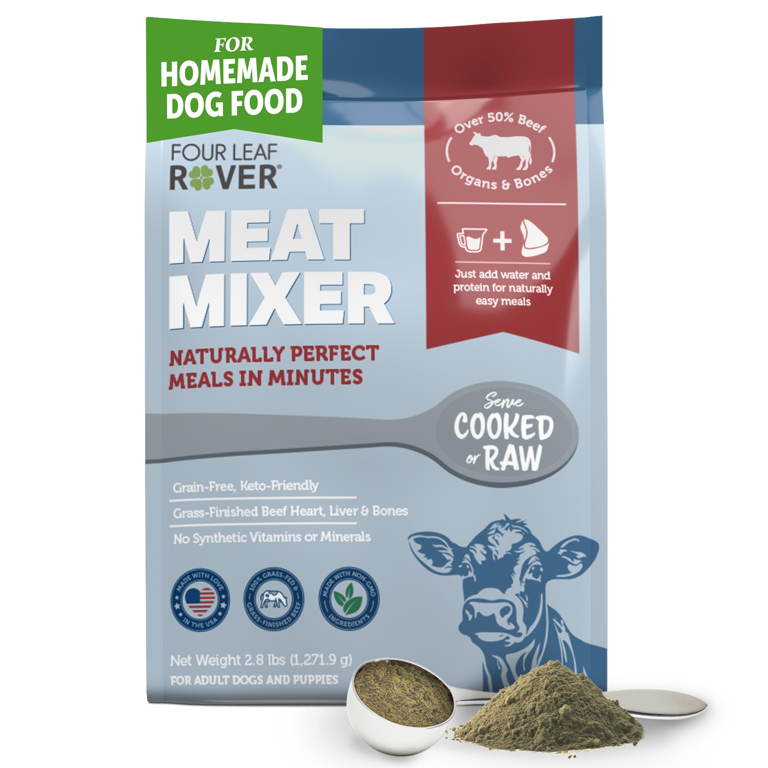 FOUR LEAF ROVER Meat Mixer - Premium Dog Food Base Mix for Homemade Dog Food - Easy to Prepare, Serve Cooked or Raw, with Grass-Finished Beef and