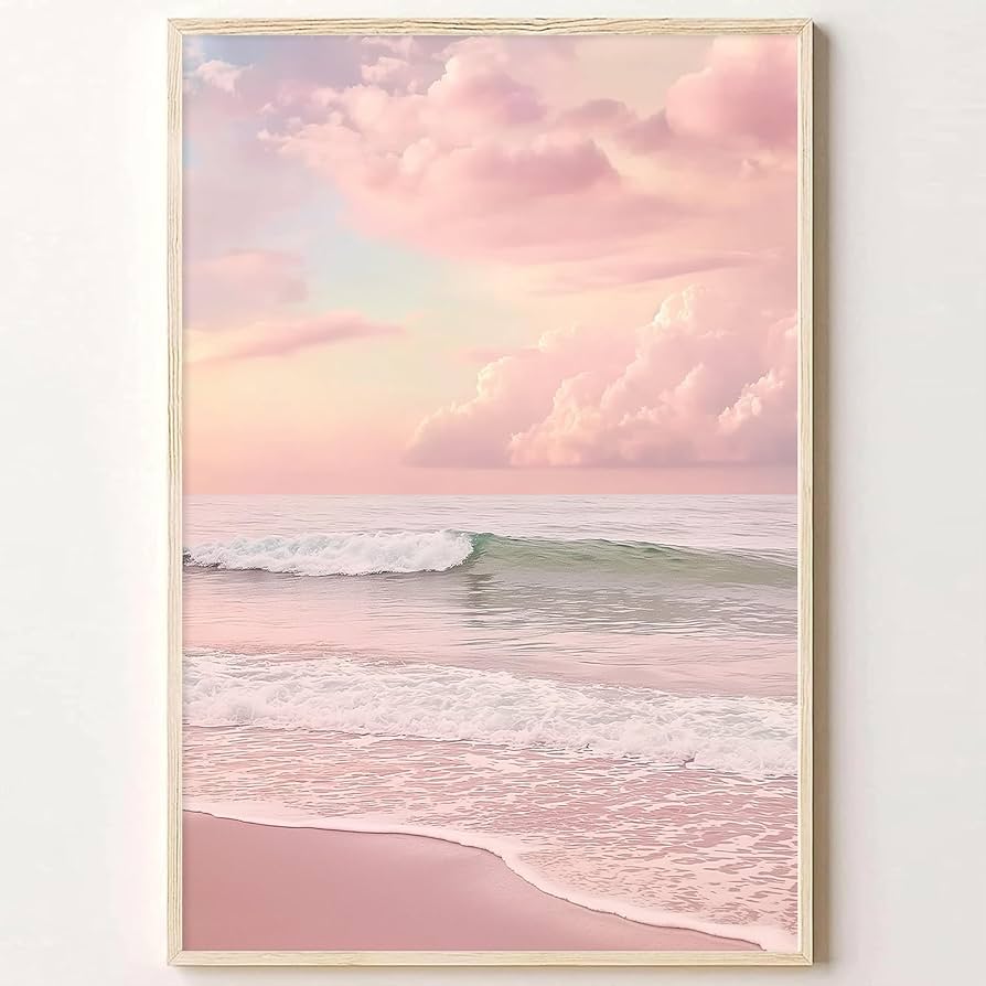 Pink Beach Canvas Wall Art Ocean Waves Picture Pink Modern Coastal