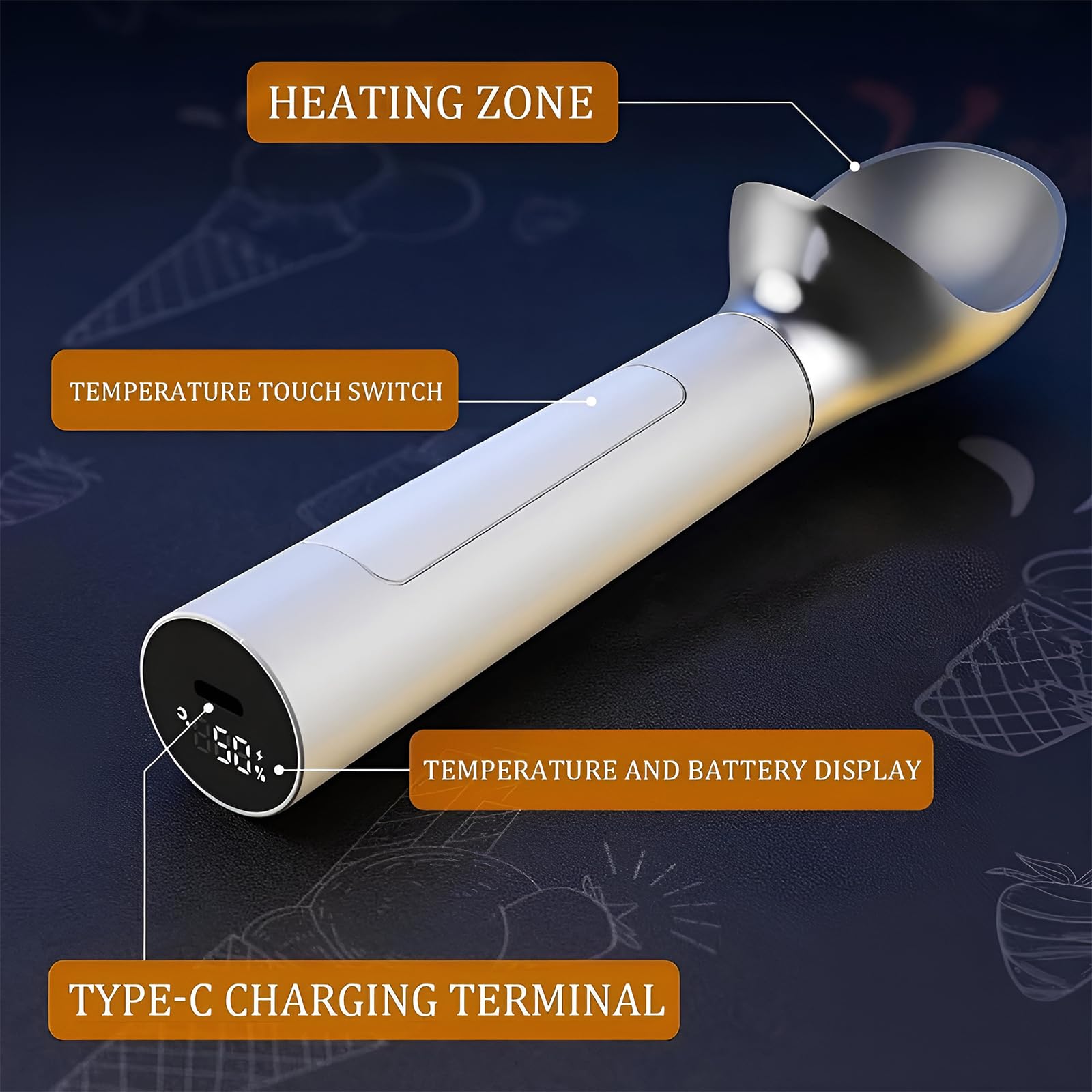 Porzionatore per Gelato riscaldato Intelligente, porzionatore per Gelato termostatico Ricaricabile, Display di Batteria e Temperatura, Funzionamento Senza Pulsanti, capacità 56 g Black