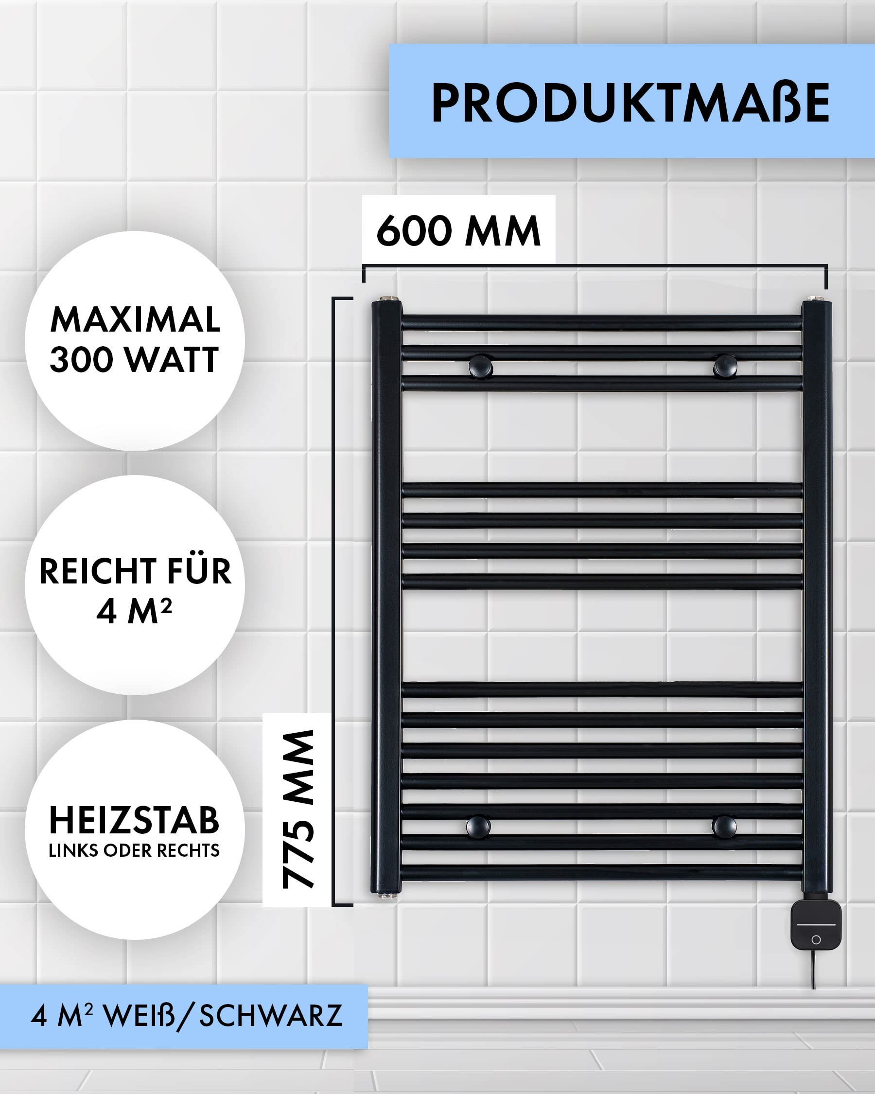 anapont Scaldasalviette elettrico da bagno 775hx600b – nero – con funzione timer – Scaldasalviette – Riscaldamento elettrico – Asciugamani da bagno – Made in Germany