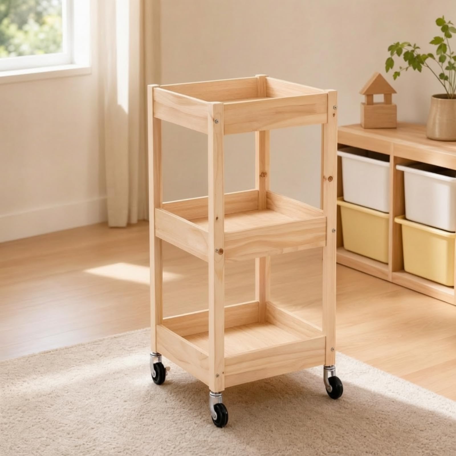 Carrello Organizzatore per La Scuola con Ruote con Bloccaggio E Struttura in Legno con Ripiani per Con Quaderni E Piccoli Giocattoli con Accesso, Carrello 3 Livelli