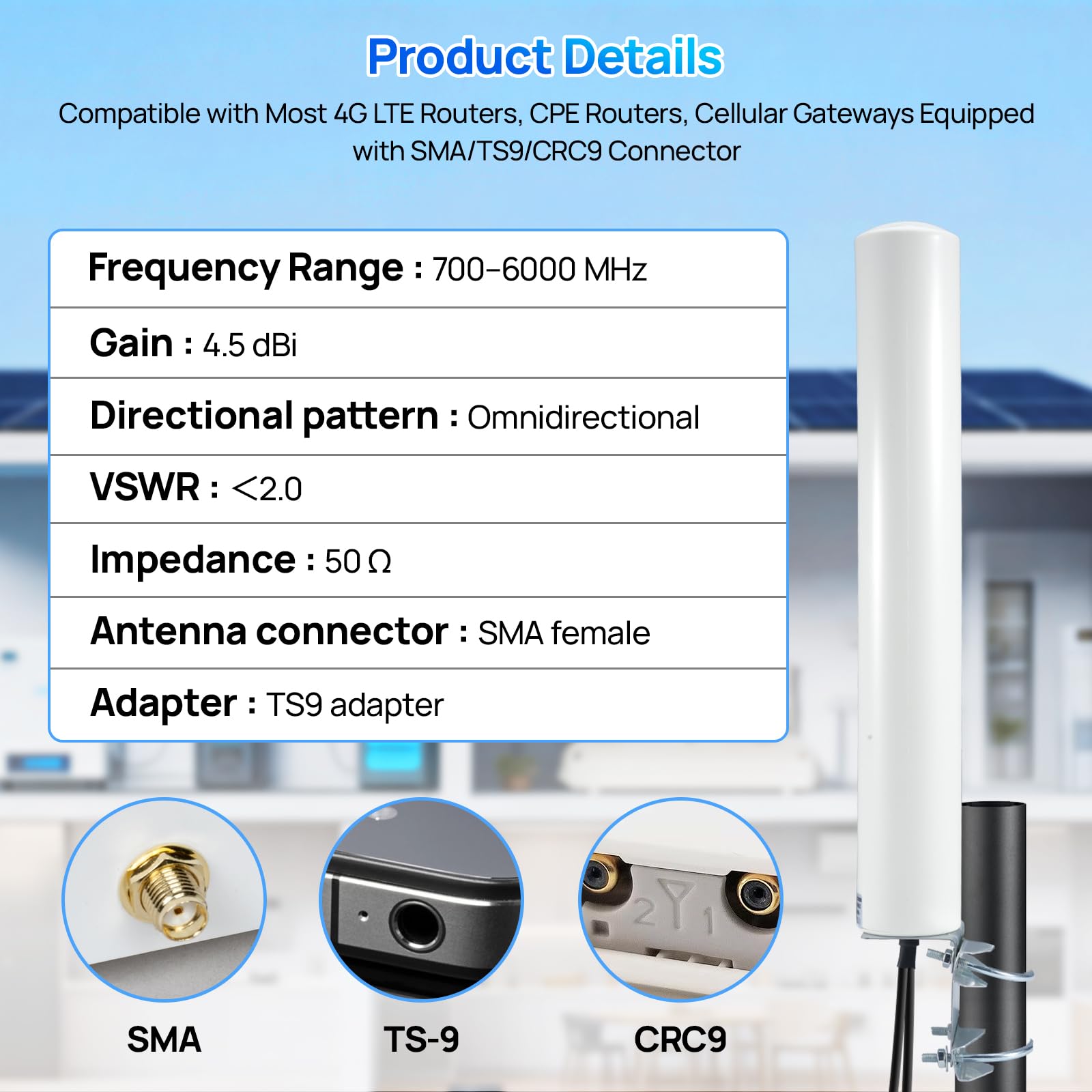 Antenna 5G 4G LTE per esterni, 4,5 dBi, 2 x 2 MIMO 700-6000 MHz, adattatore SMA e TS9 | Fascio rotondo polarizzato a 360° per router e IoT, bullone a U resistente alle intemperie, con cavo da 3 m senza perdite