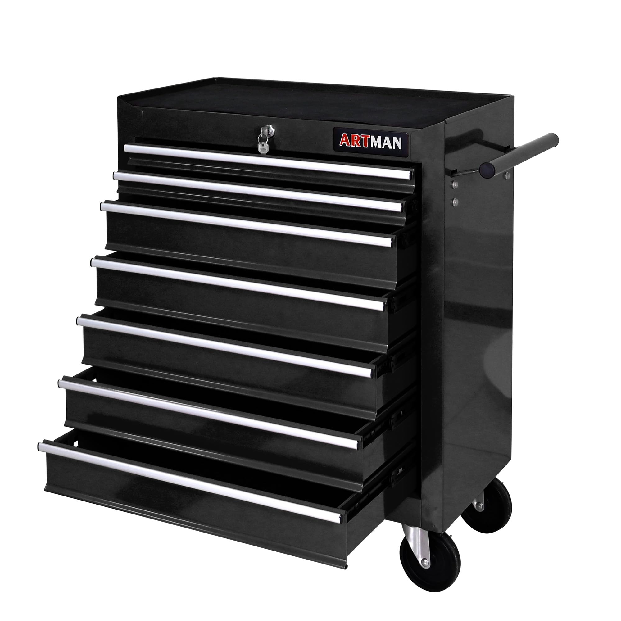 7 Drawers Tool Cart on Wheels, 7 Drawer Rolling Tool Chest with Key Lock, Trolley Organizer Tool Case, Multifunctional Rolling Tool Box for Garage,Warehouse,Workshop,Repair Shop (Black)