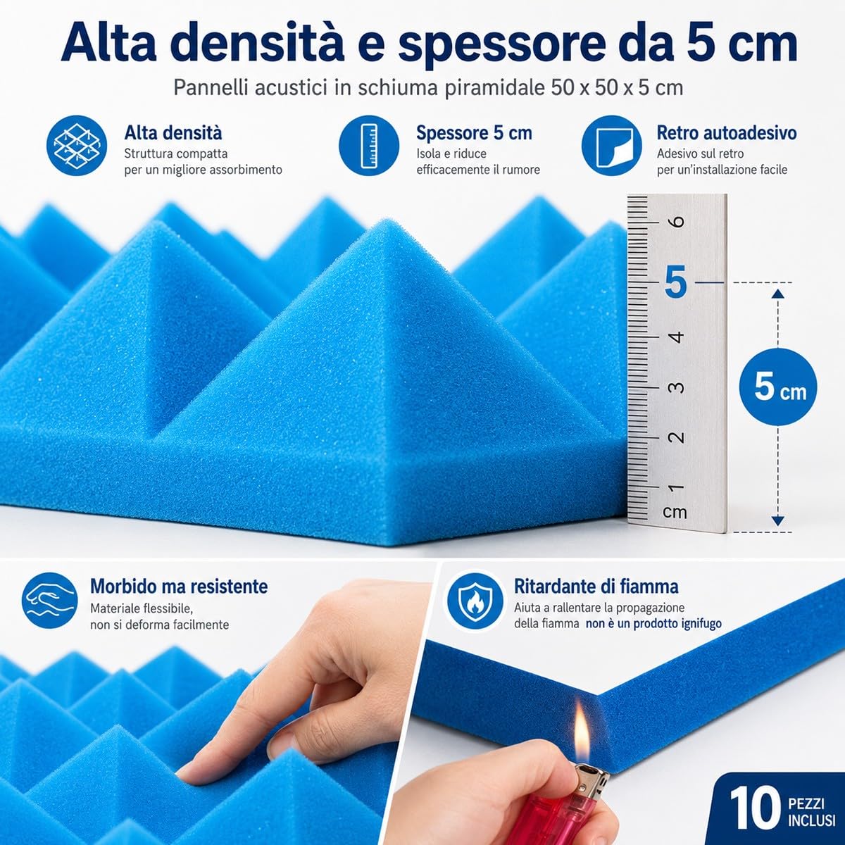 Pannelli Fonoassorbenti Blu 50X50X5Cm con Adesivo 10 Pezzi per Home Theater Studio Musica Registrazione Audio Riduzione Rumore Gaming Assorbimento Acustico Professionale