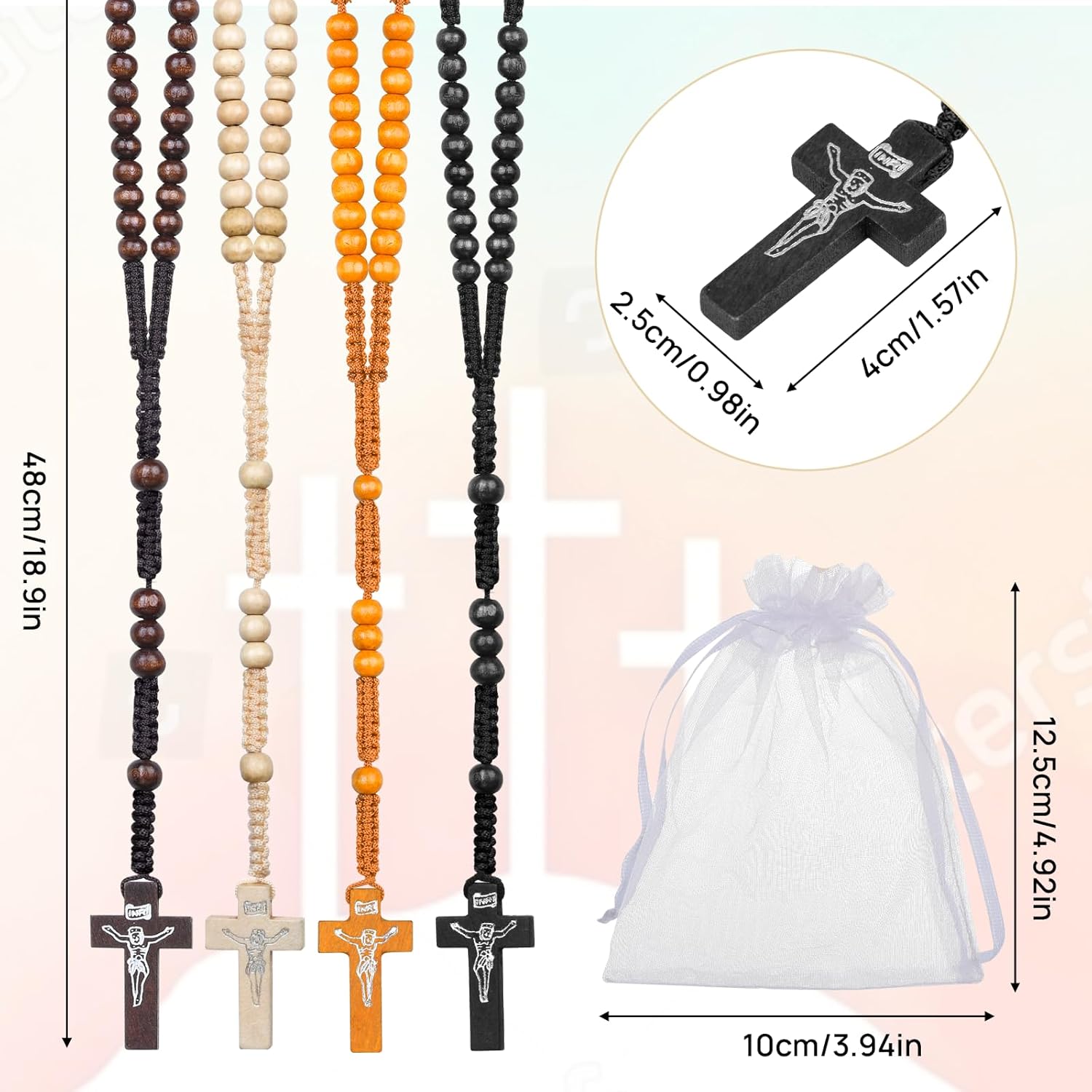24 Pcs Wooden Bead Rosary Necklace, Catholic Wood Carved Beads with Jesus Cross for First Communion, Baptism Favors - Catholic Gift for Men Women (Multicolor-24pcs) - Image 2