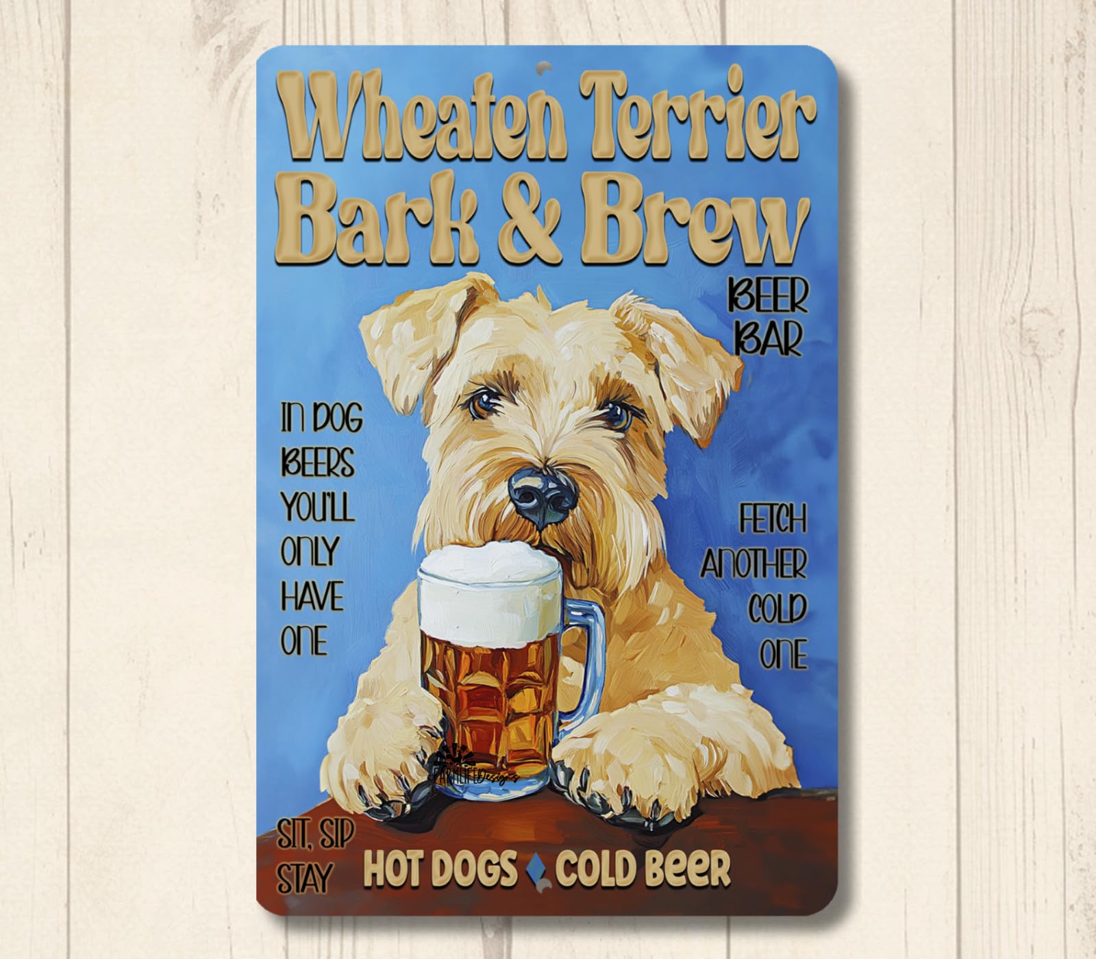 Wheaten Terrier Beer Bar Sign Bark & Brew pub man cave dog funny metal tin art home decor