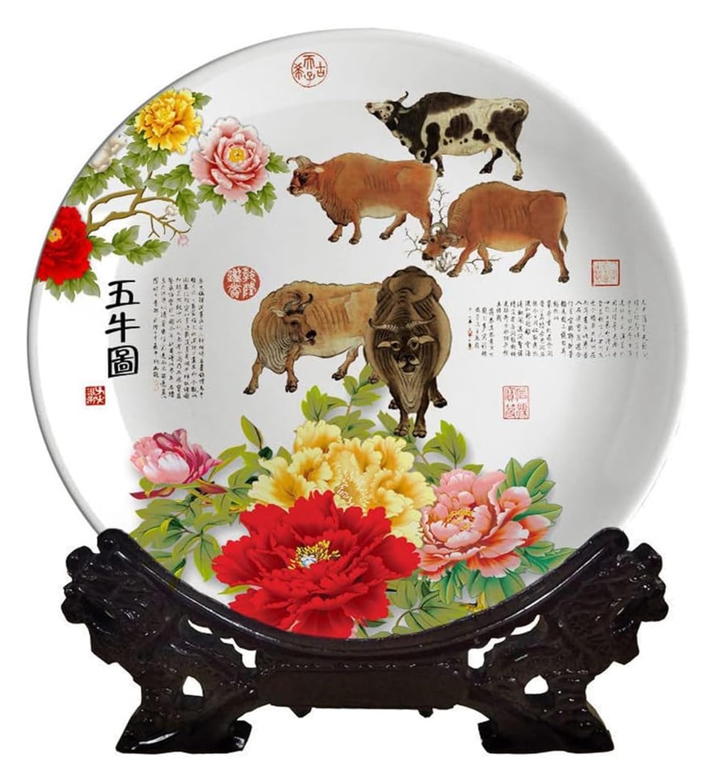 Dekoracyjny talerz do zawieszenia Dekoracyjny ceramiczny talerz do zawieszania, dekoracyjne talerze Cera, 10,2-calowy kreatywny piwonia wzór bydła Salon Dekoracja wnętrz Ceramiczny talerz do zawieszan