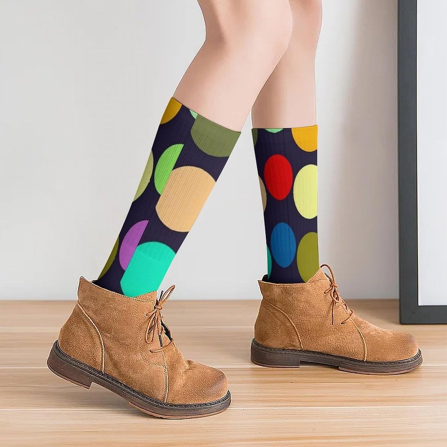Breathable Crew Sock, Moisture Wicking, Athletic Calf Socks, Cozy | Beautiful Polka Dot Compression Socks for Women Men, Lightweight High Work Socks for Business, Casual