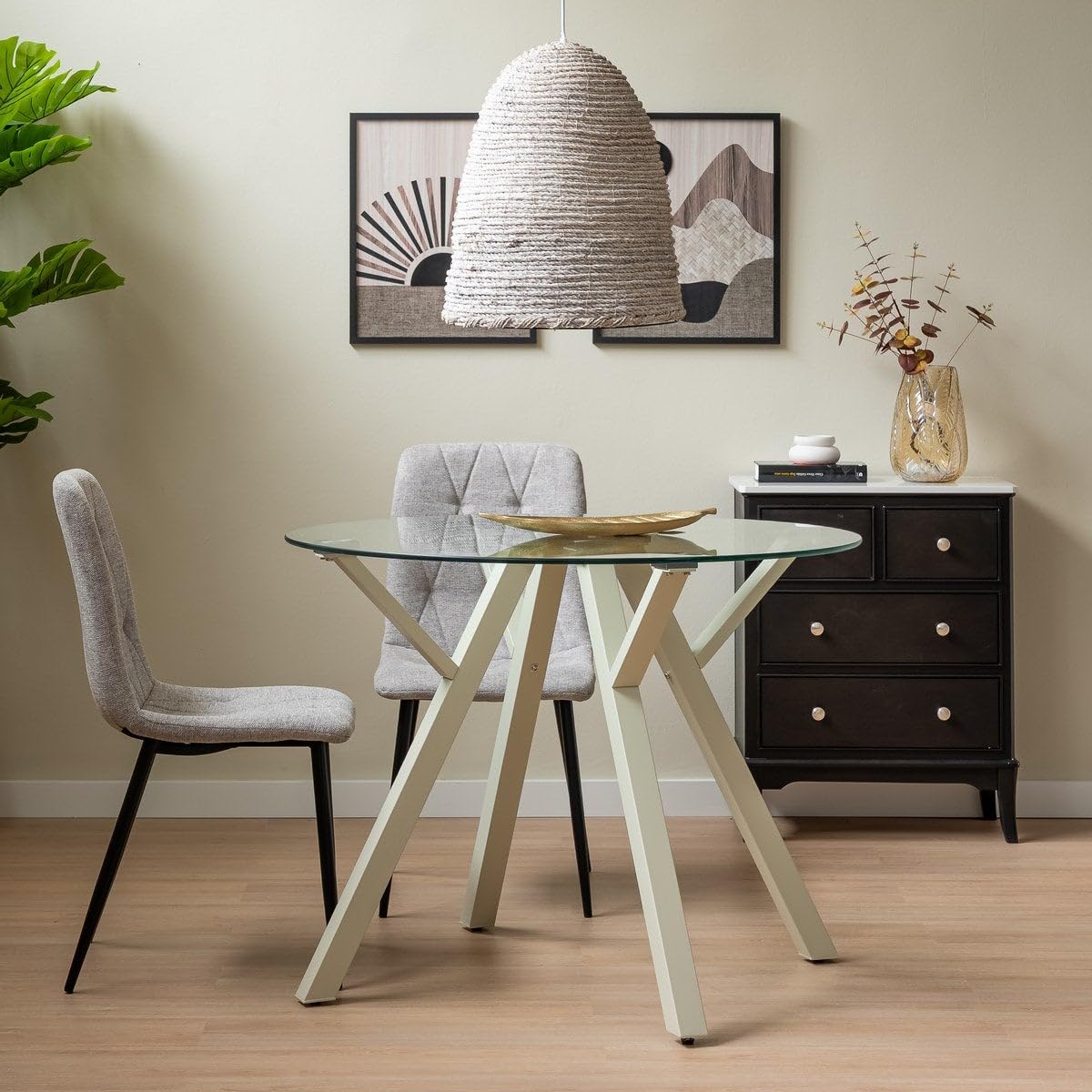 Mesa redonda de cristal templado y metal beige de 100 cm de diámetro | Capacidad para 4 personas. Diseño moderno que aporta amplitud visual y calidez a tu comedor o zona de office.