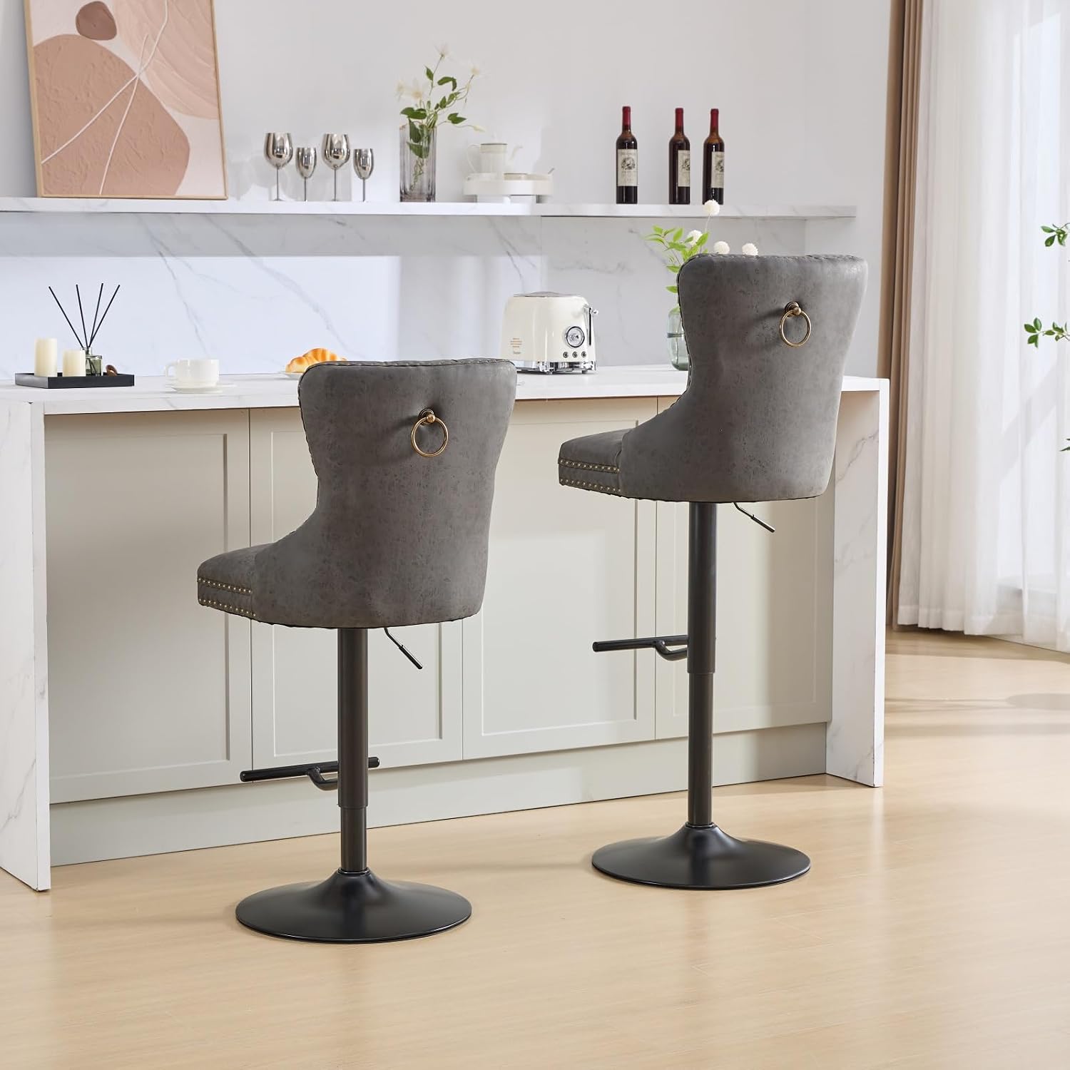 Thick Swivel PU Leather Bar Stools Set of 2, Adjustable Height 25-33 Inch, Modern Upholstered Bar Stools with Backs, Sturdy 17.7" Base for Kitchen Island, Home Pub, Tufted Comfort(Black)
