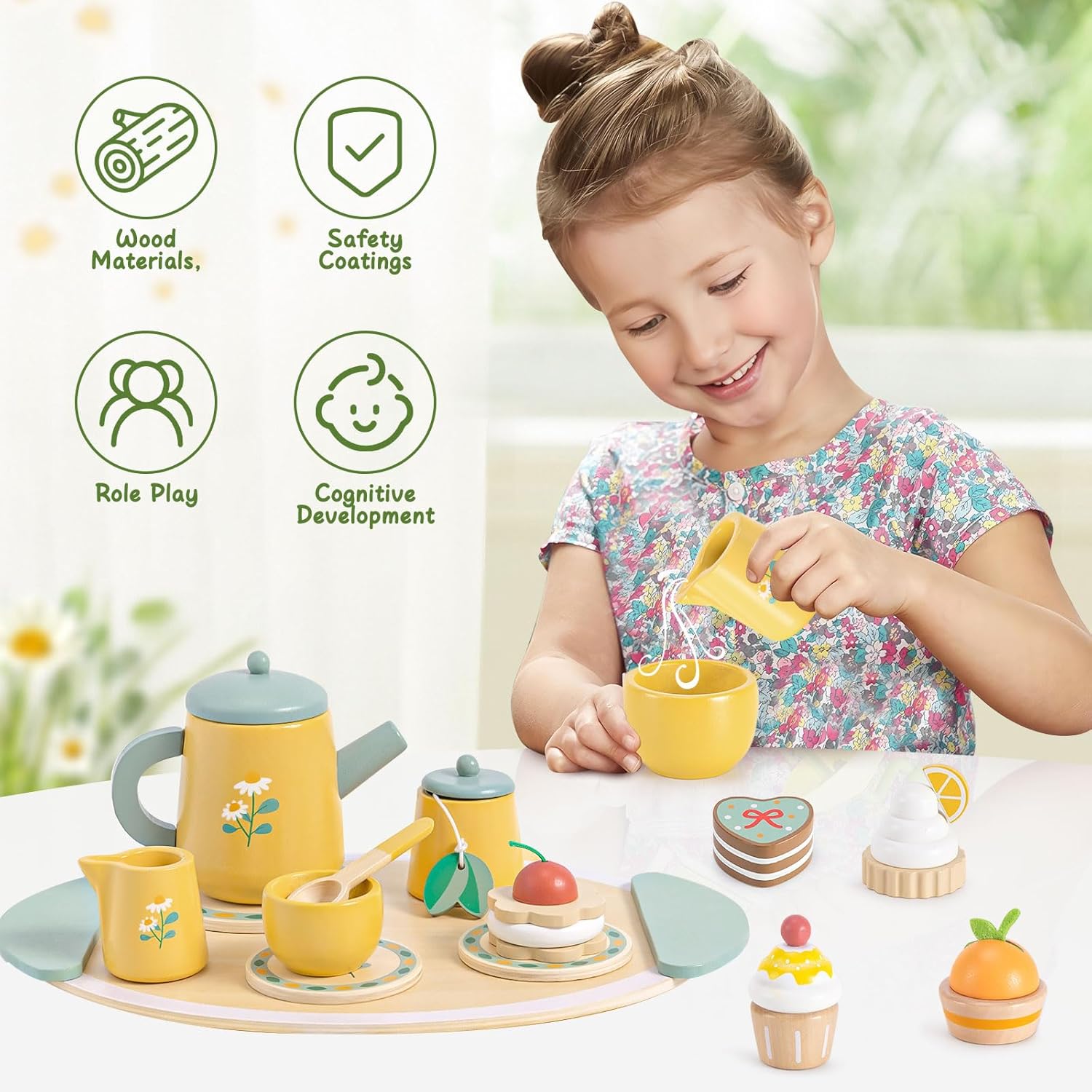 Toyssa Wooden Tea Party Set for Toddlers 3-5 Girls, Pretend Play Food Toys for Kids Kitchen Accessories with Tea Tray, Christmas Birthday Gifts for Girls 3 4 5 6 Educational Toys