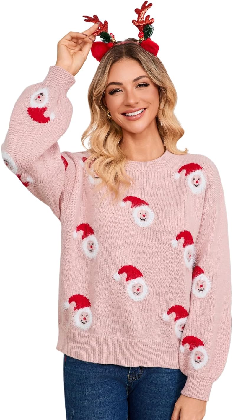 SunnyMelody Women's Cute Christmas Sweater,Santa Hat Snowman Pattern Knit Pullovers,2025 Funny Holiday Party Ugly Xmas Tops