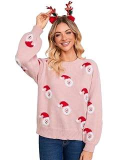 SunnyMelody Womens Cute Christmas Sweater Santa Hat Snowman Pattern Knit Pullovers 2025 Funny Holiday Party Ugly Xmas Tops