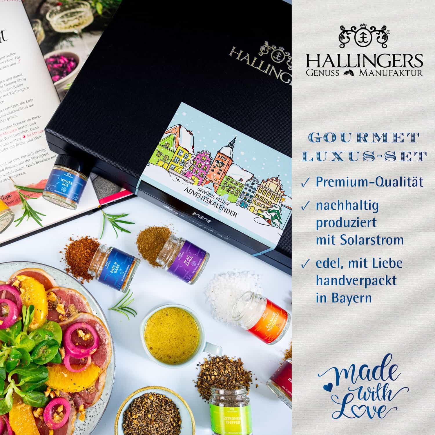 Hallingers Genuss Manufaktur Gewürz Adventskalender - 24 Gewürze aus aller Welt in edler Box mit Rezept-Booklet "Winterkalender ..." Bundle mit Kochbuch, Weihnachtskalender für Frauen Männer