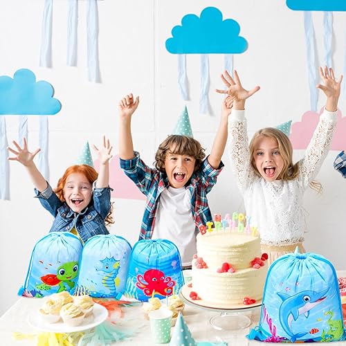 Miniatura 6 de Paterr Paquete de 12 bolsas de mochila con cordón para fiesta de animales del océano, bolsas de regalo de fiesta bajo el mar, bolsas reutilizables