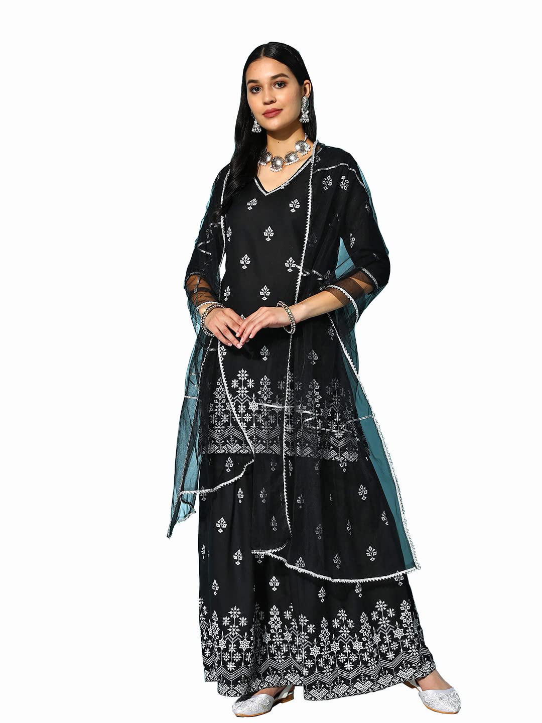 Stylum Women's Printed Rayon Kurta Sharara Dupatta Set (Ksdberlin34_Black, Xs)