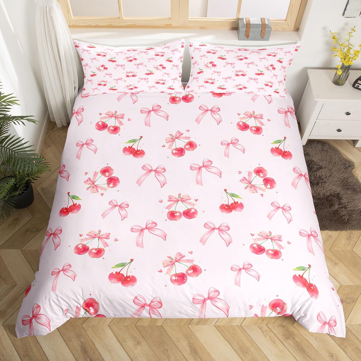 Homemissing Süß Bowknot Bettwäsche Set 135x200cm Rot Kirsche Frucht Bettbezug Set für Jungen Mädchen Aquarell Rosa Bettwäsche-Set Schlafzimmer Dekor 2Stück