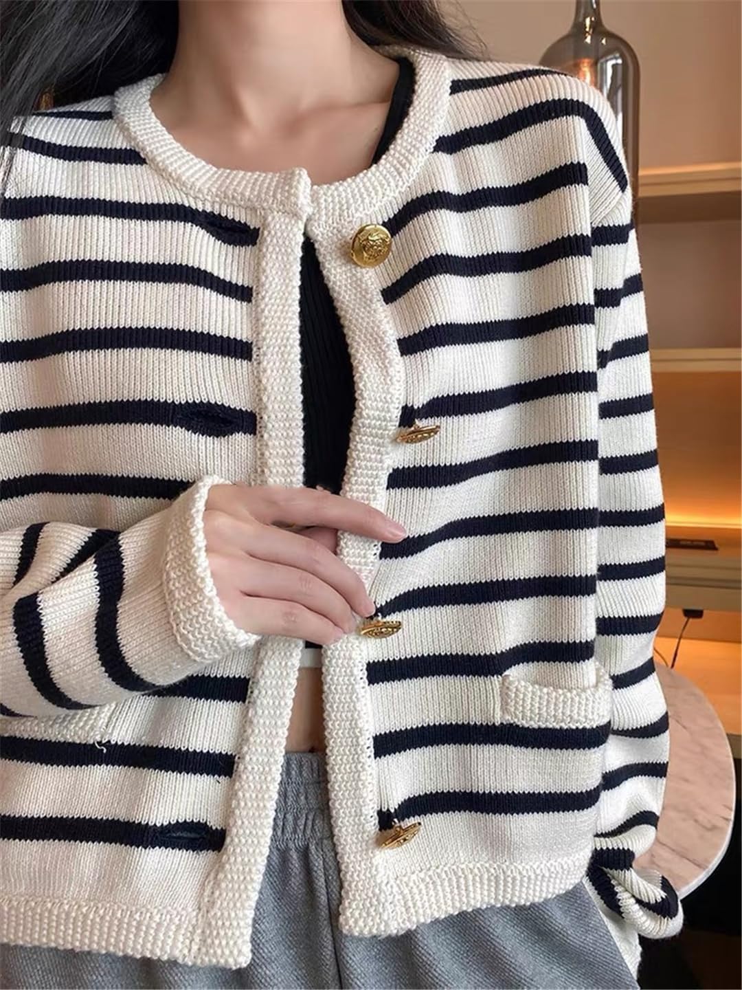 Rfmfkkg Womens Button Contrast Stripe Long Sleeve Top Knitted Cardigan Sweater Coat