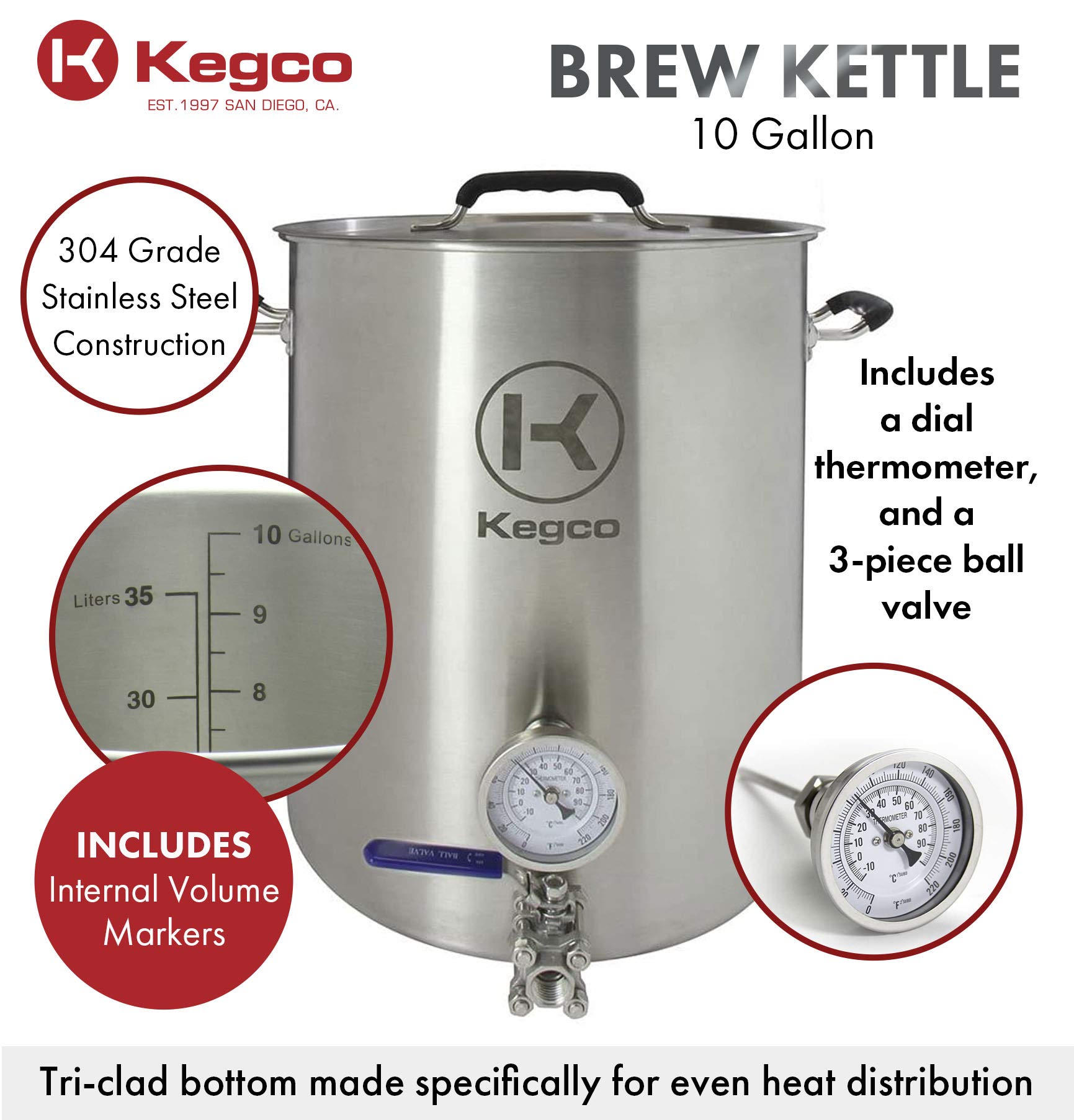 Kegco BF 3PXBK10-T3 Brew Kettle, 10 Gallon, Stainless Steel