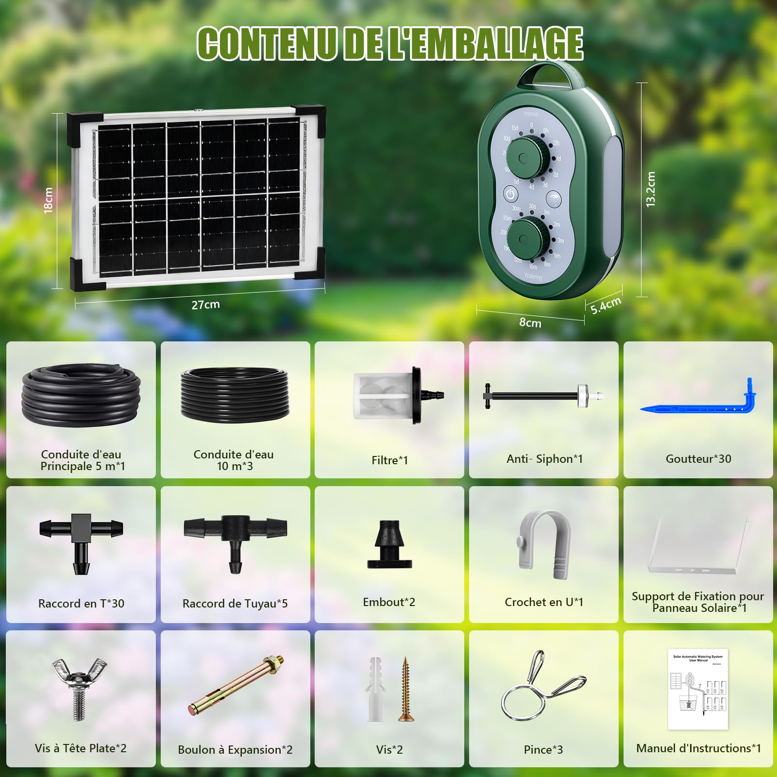 Kit Arrosage Automatique Solaire pour Jardin, Systeme D'irrigation Goutte à Goutte pour 30 Plantes les Vacances avec Minuterie+Tuyau de 35M, Systeme Arrosage Automatique pour Jardin,Plantes de Balcon