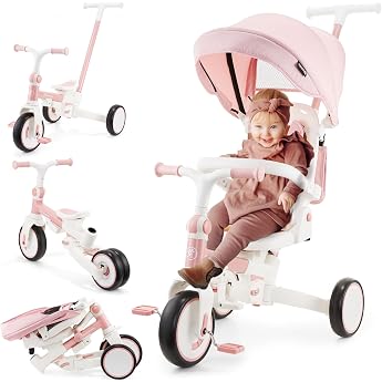 HyperMotion Tobi Forest 8-in-1 Tricycle from 1 Year with Push Bar 360  Rotating Seat Foldable Height Adjustable EVA Wheels Sun Canopy Strap Handlebar Foldable Pink