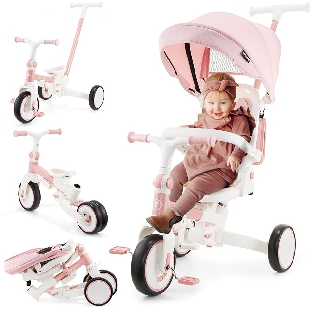 HyperMotion Triciclo Evolutivo 8 en 1 Rosa - Triciclo Bebe Plegable y Reclinable con Asiento 360° y Capota