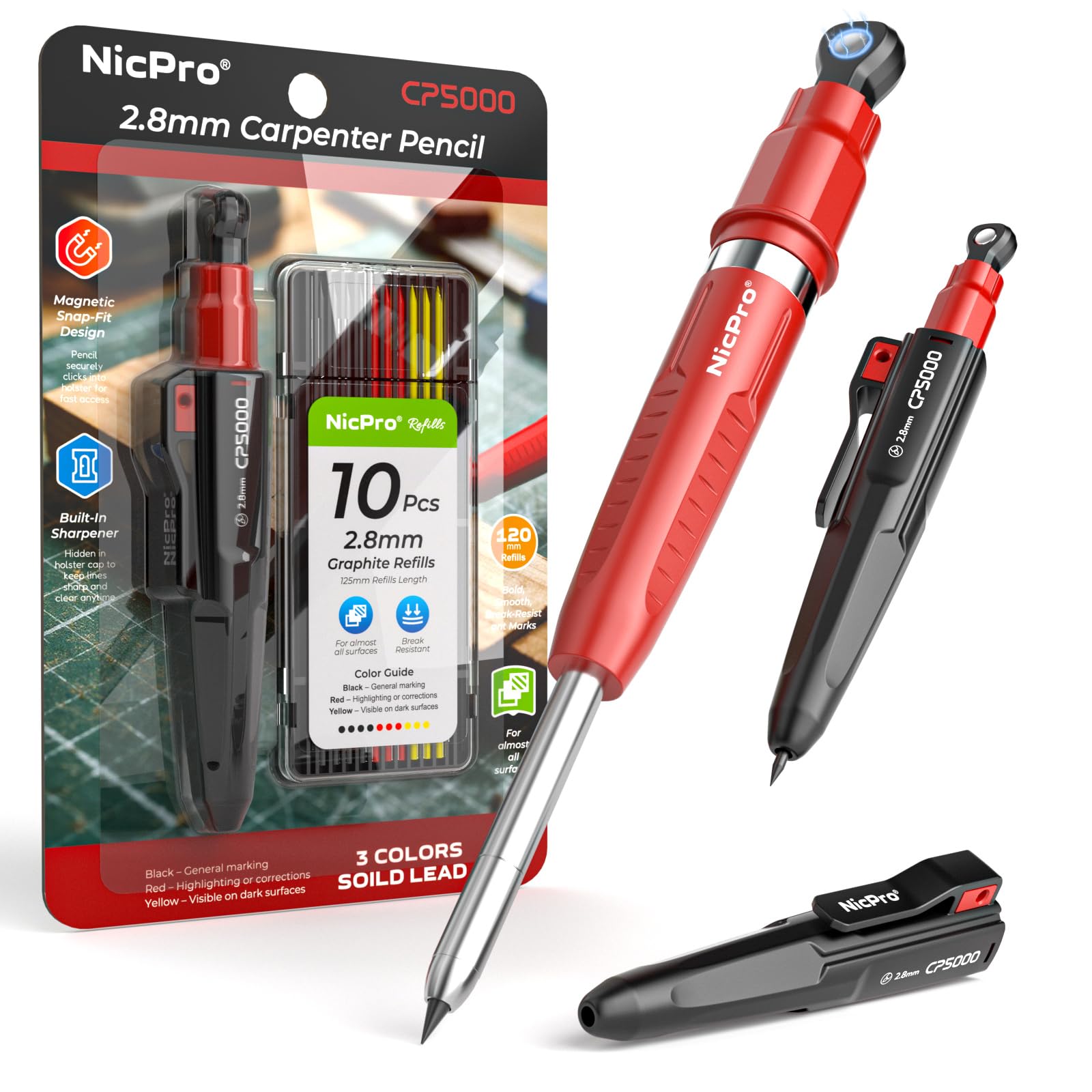 Nicpro 7-in-1 CP5000 Magnetic Carpenter Pencils with Sharpener, Construction Mechanical Pencil+10 Refill, Deep Hole Marker for Construction, Woodworking Pencil, Carpenter Tools for Marking