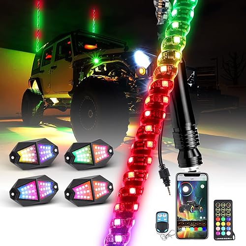 2 luces LED en espiral de 360 de 3 pies, 4 vainas de 210 grados de luces de roca gran angular, aplicación y control remoto, modo de música e