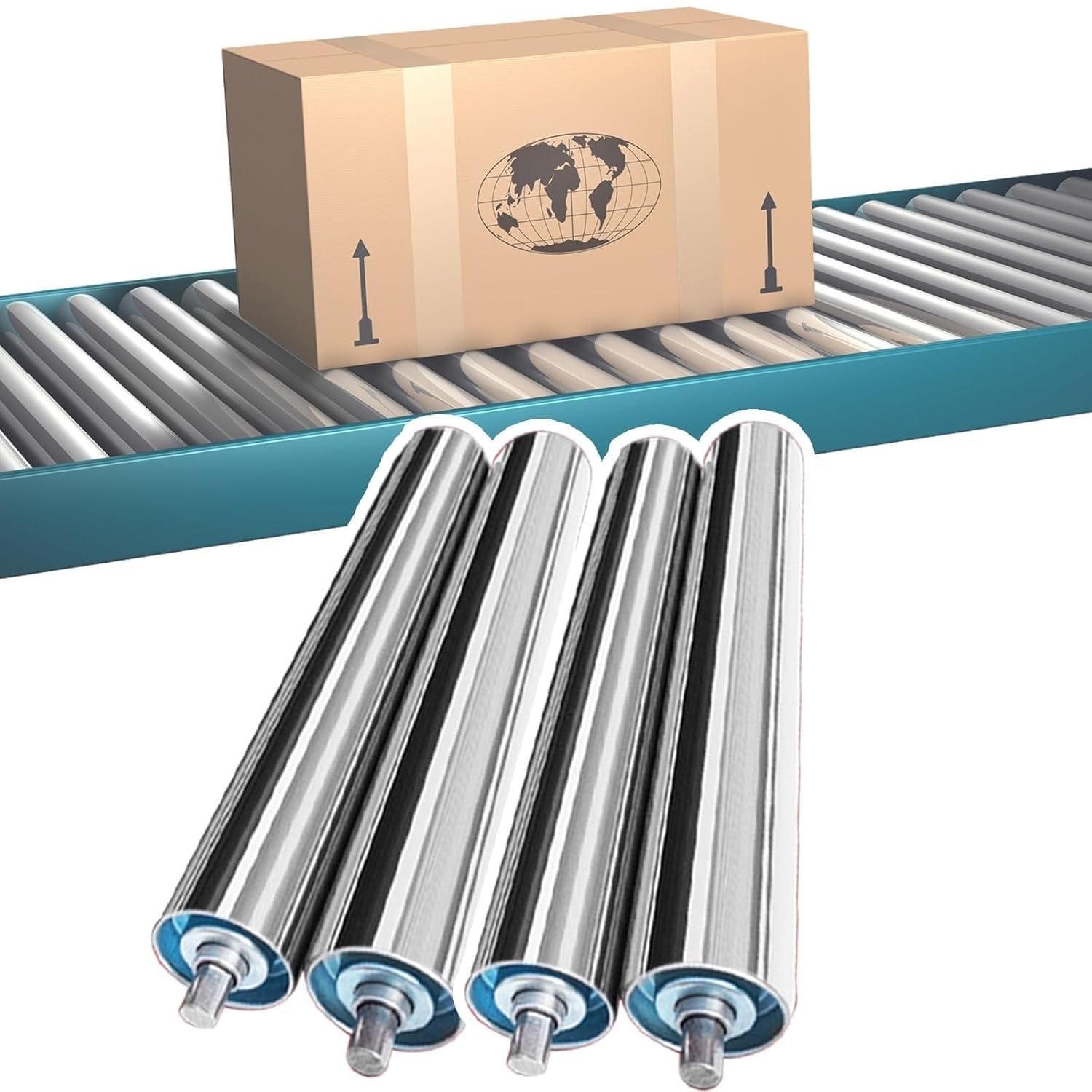 Juego de 4 rodillos transportadores de acero inoxidable de 25 mm de diámetro, 300 mm de longitud, rodillos de repuesto industriales para transmisión de fábrica, duraderos y eficientes