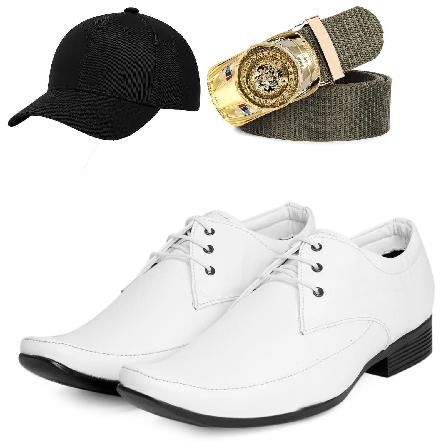 Formal Shoes with Free Base Ball Cap & Free Belt Combo for Men & Boys White-image-37