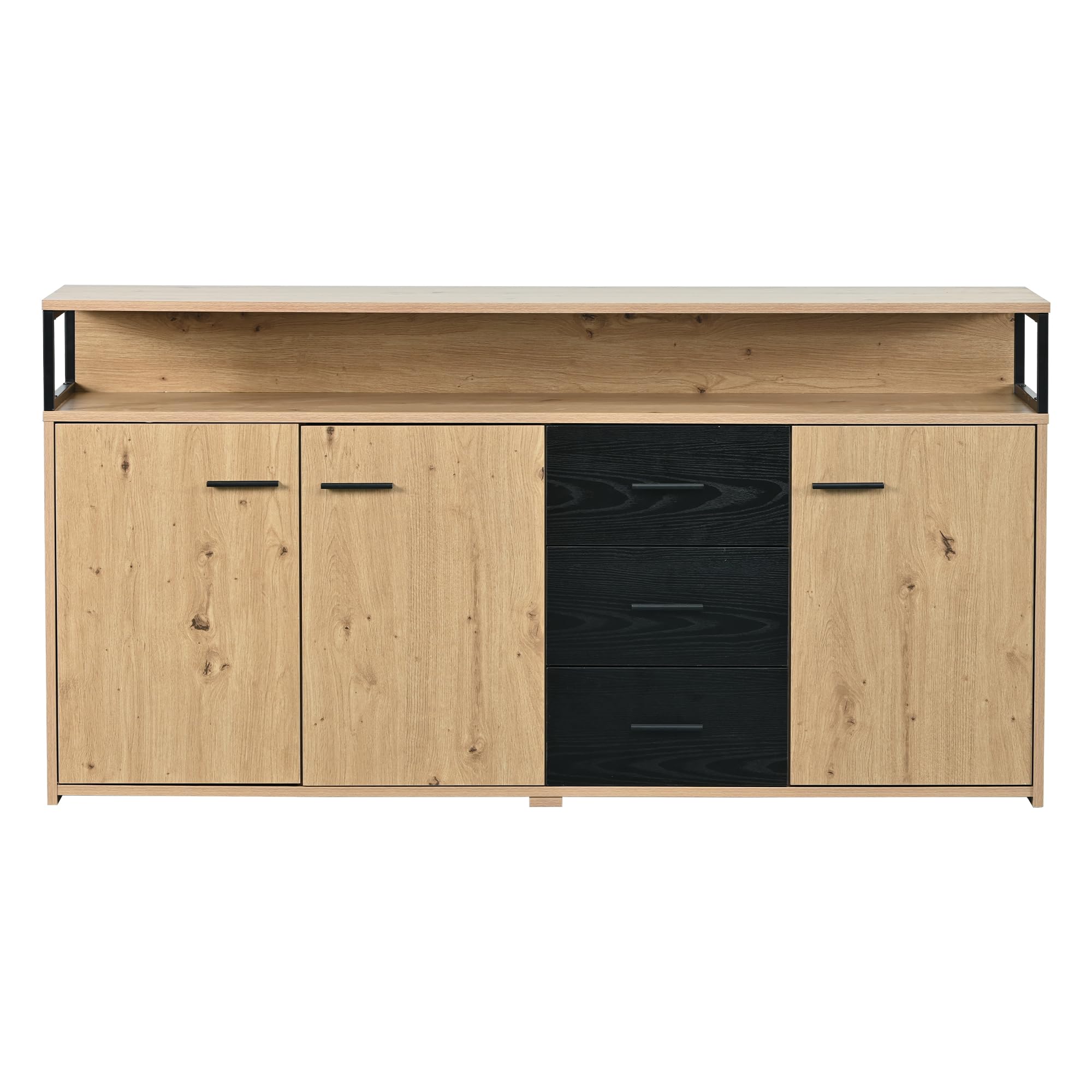 Aparador industrial de 150 x 35 x 75,9 cm con tres puertas y tres cajones, armario de cocina, armario multiusos con asas de metal para dormitorio, salón y oficina